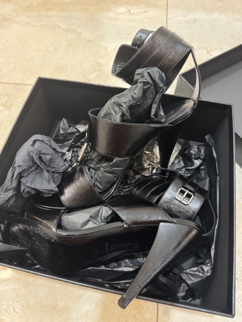 Saint Laurent Paris Black Leather Ankle Strap Stiletto Heels